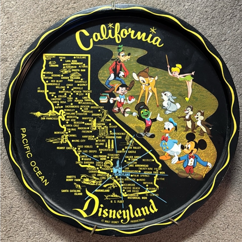 Vintage Black California Disneyland Tin Souvenir Drink Tray 11" Mickey Mouse
